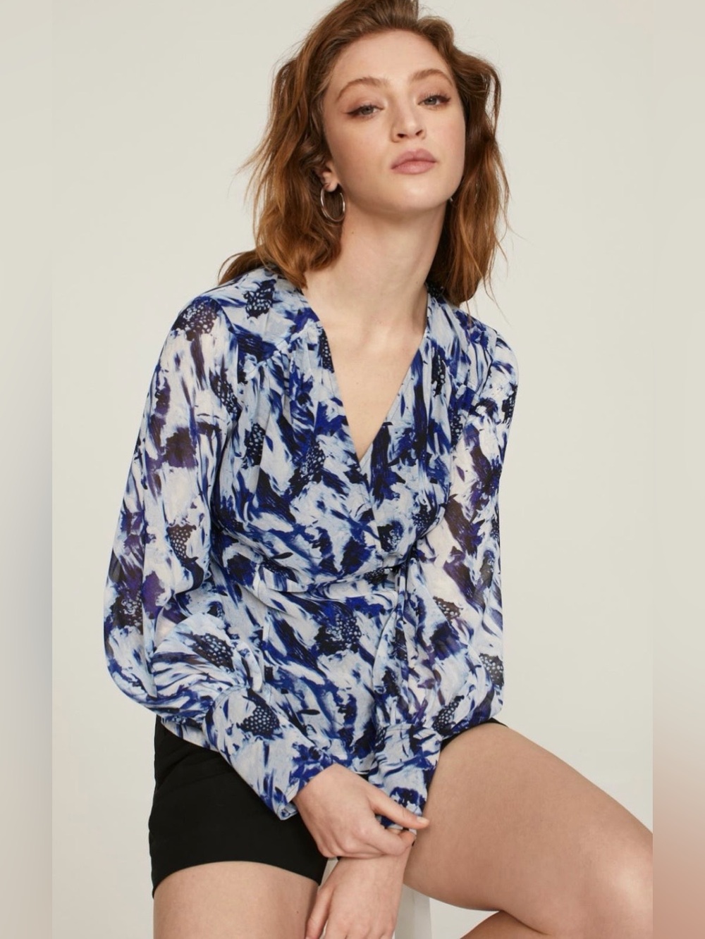Donna Karan~Blue and White Abstract V-Neck Blouse~Size Small~$295~